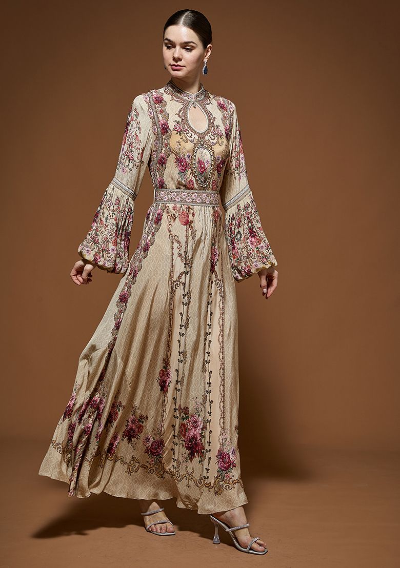 Beige Rhinestones Embroidered Crepe Gown