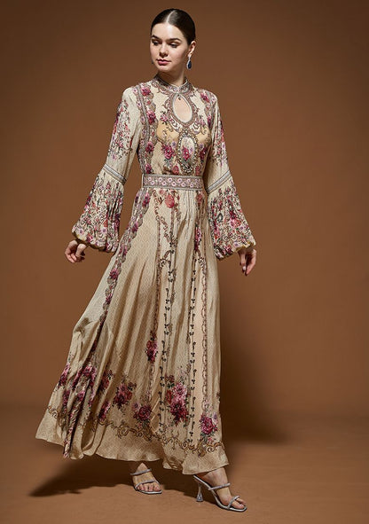 Beige Rhinestones Embroidered Crepe Gown