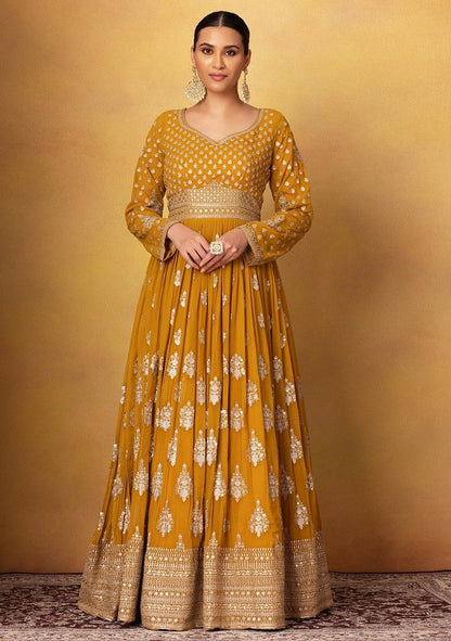 Mustard Floral Sequin Embellished Anarkali Gown With Dupatta