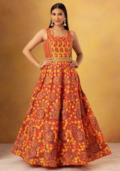 Orange Floral Thread Embroidered Organza Anarkali Gown With Dupatta