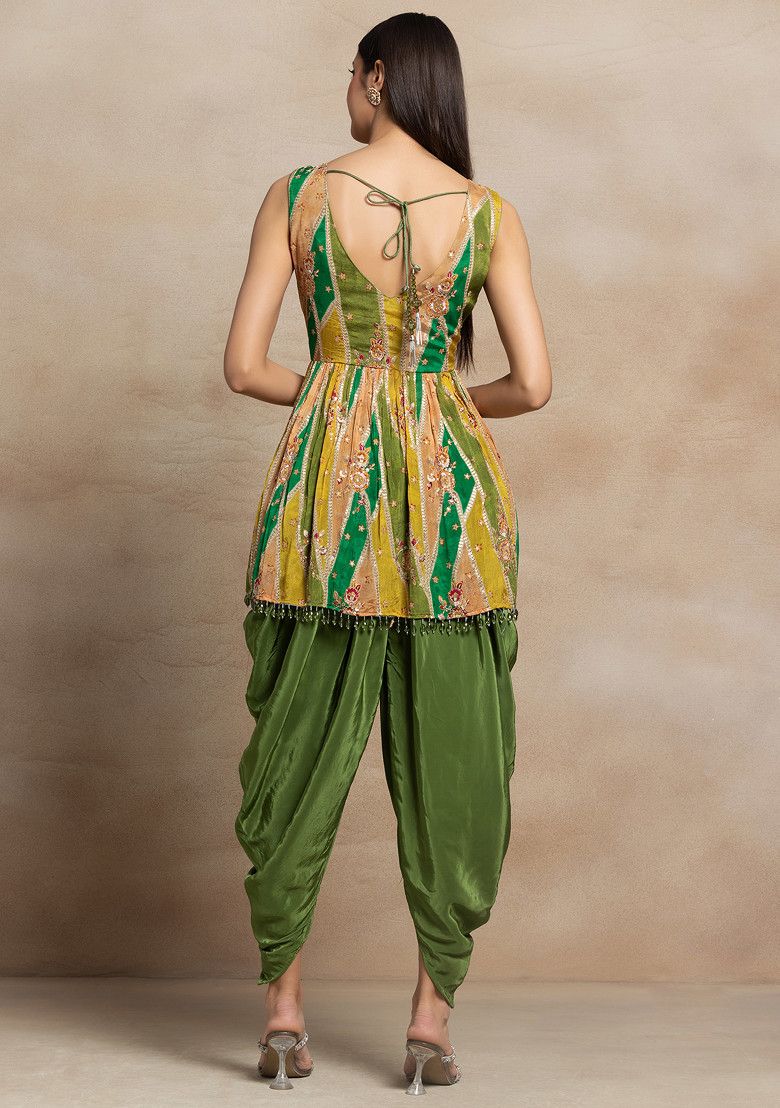 Green Zari Sequin Embellished Short Kurta Set With Dhoti Pants And Dupatta