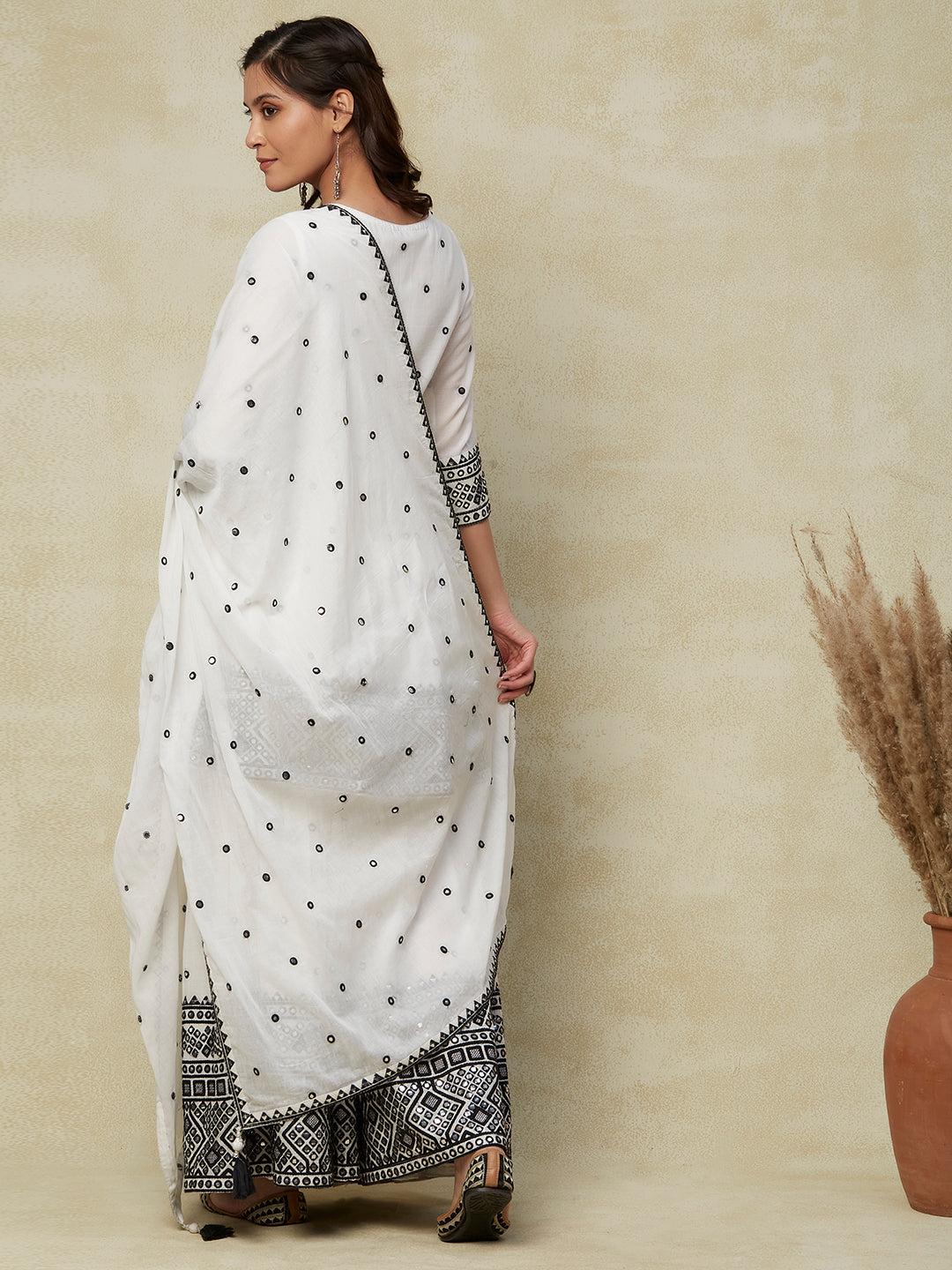 Solid Mirror & Resham Embroidered Gathered Short Mul-Cotton Kurta with Embroidered Sharara & Dupatta - White