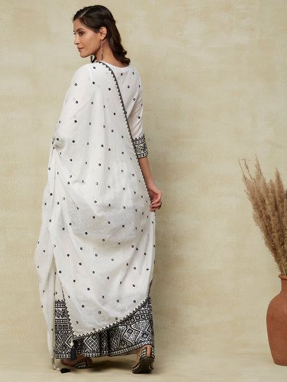 Solid Mirror & Resham Embroidered Gathered Short Mul-Cotton Kurta with Embroidered Sharara & Dupatta - White