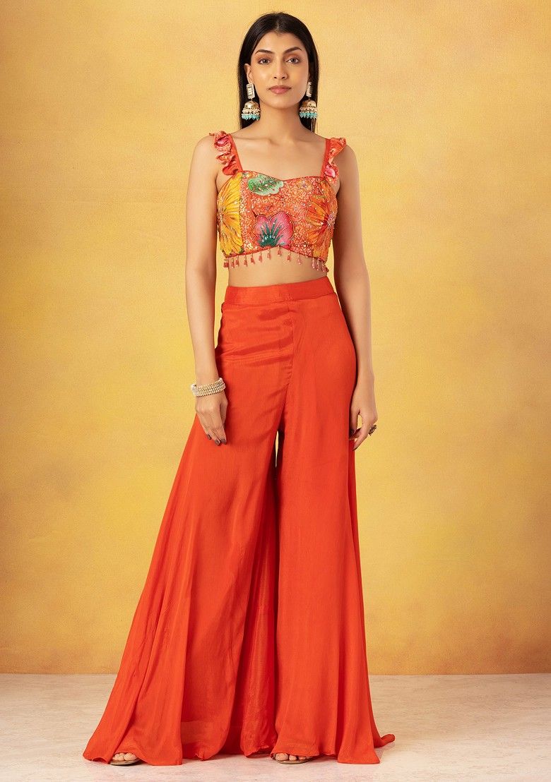 Orange Sharara Set With Multicolour Floral Print Blouse And Choker Dupatta