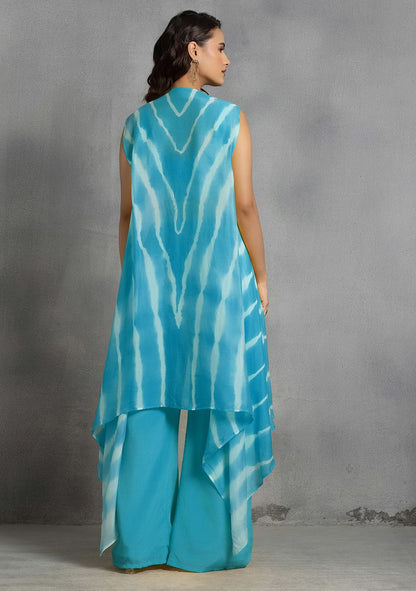 Blue Tie Dye Cape Set With Mirror Sequin Hand Embroidered Blouse And Pants