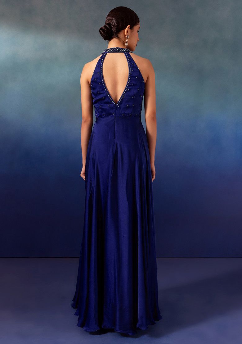 Navy Blue Sequin Hand Embroidered Satin Gown