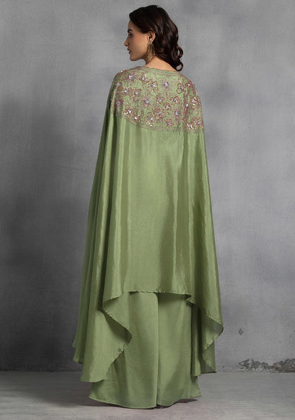 Lime Green Sequin Embroidered Cape Set With Hand Embroidered Blouse And Pants