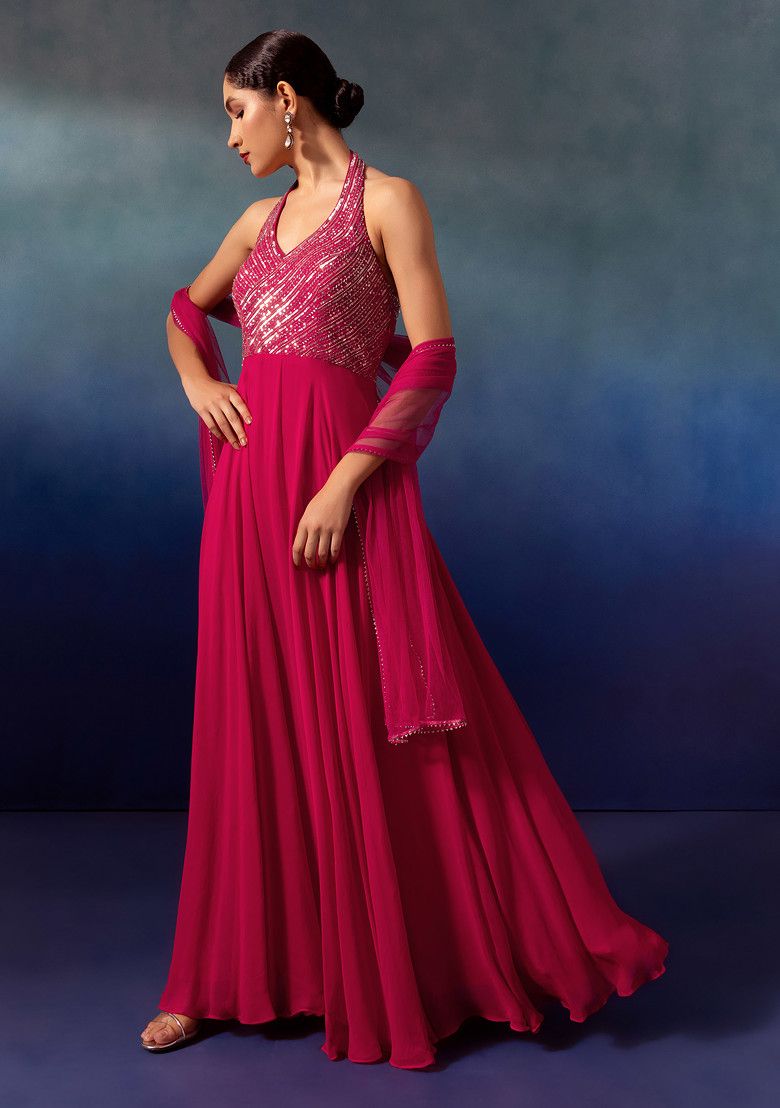 Hot Pink Sequin And Bead Embellished Halter Anarkali Gown With Dupatta