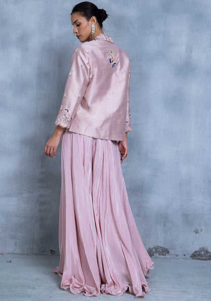 Pink Cutdana Bead Embroidered Sharara Set With Sequin Embellished Blouse And Jacket