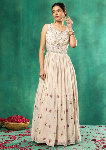 Ivory Multicolour Floral Mirror And Thread Embroidered Anarkali Gown With Dupatta