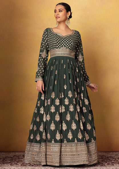 Deep Green Sequin Embellished Anarkali Gown With Dupatta