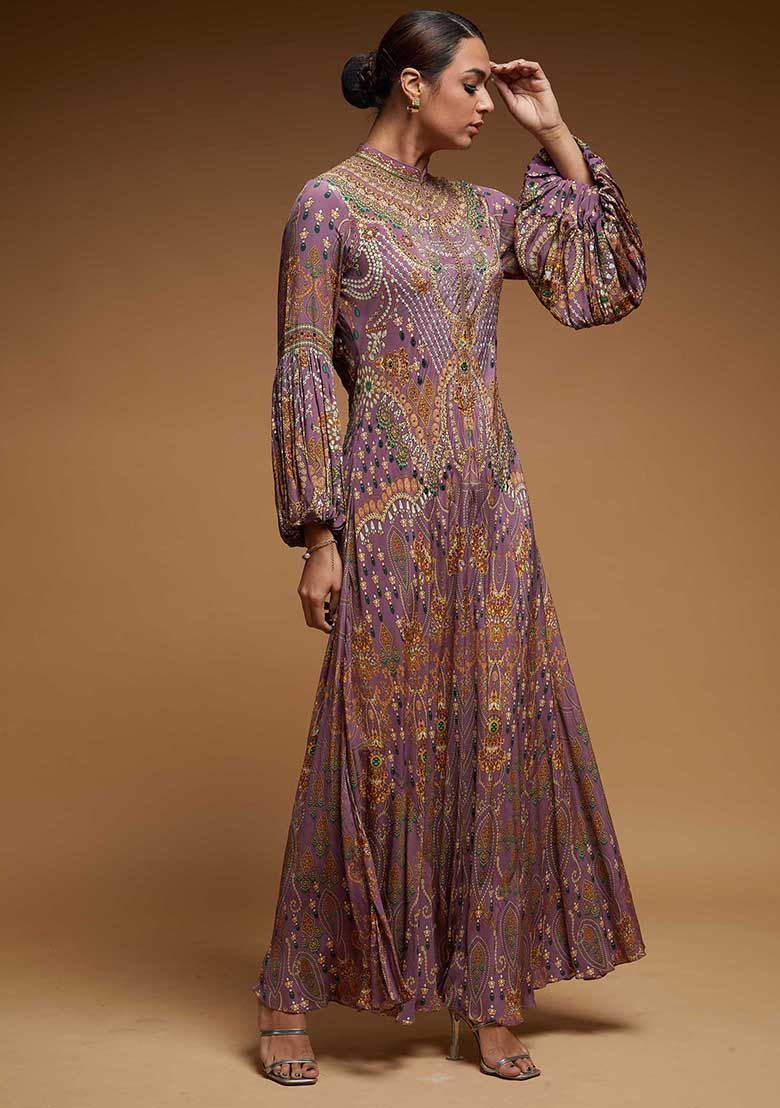 Lavender Rhinestones Embroidered Bemberg Crepe Gown