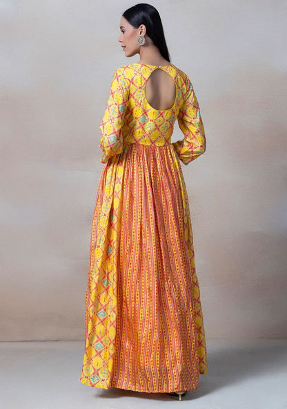 Yellow Mirror Embellished Anarkali Kurta With Chiffon Dupatta