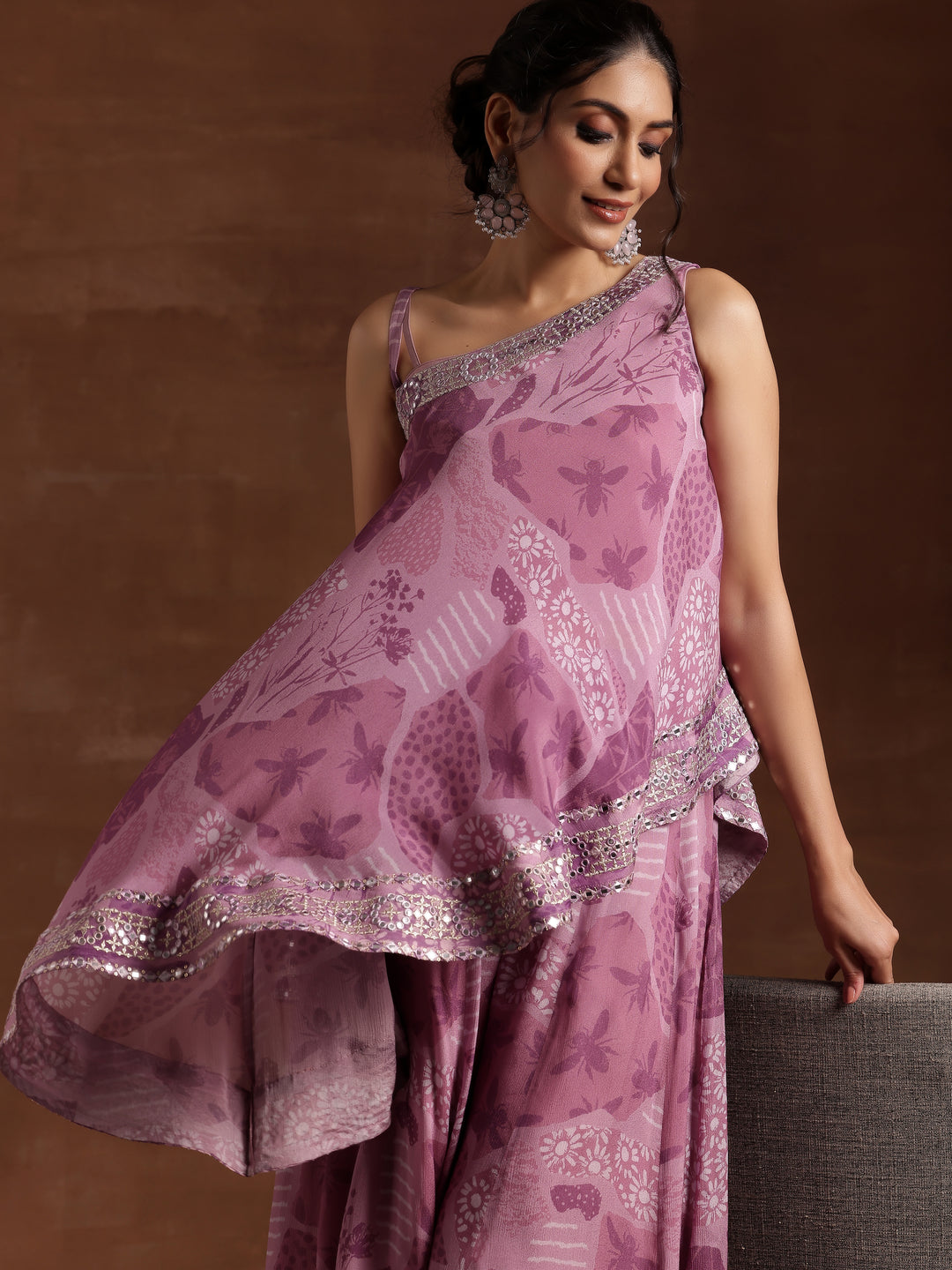 Mauve Printed Silk Blend Co-Ords