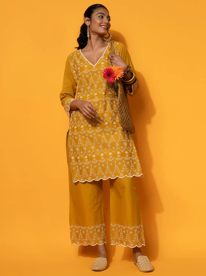 Mustard Embroidered Cotton Co-Ords