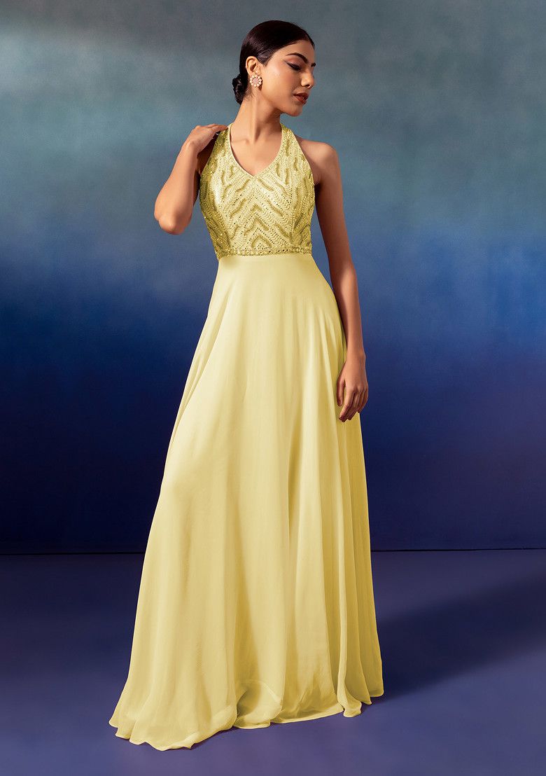 Light Yellow Sequin And Bead Embellished Halter Anarkali Gown With Dupatta