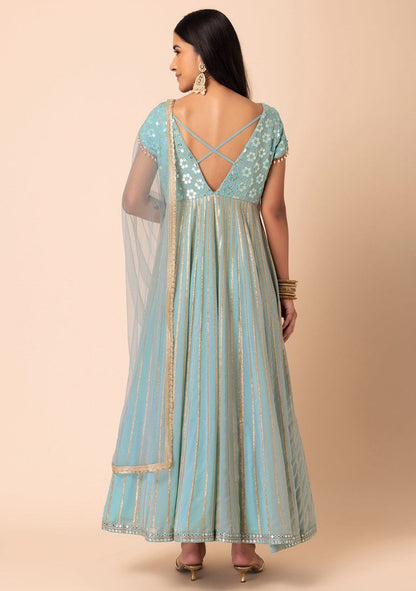 Sage Green And Silver Sequin Embroidered Anarkali Gown With Dupatta