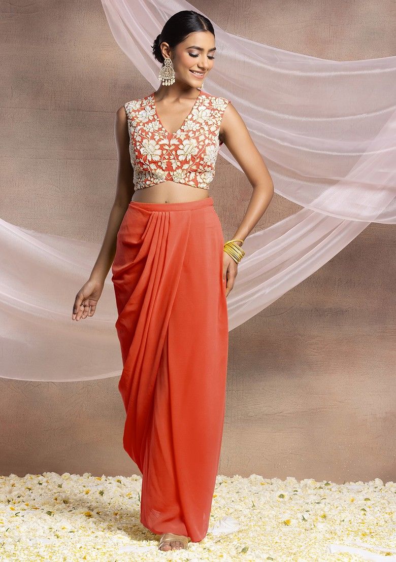 Orange Draped Lehenga Set With Floral Sequin Hand Embroidered Blouse And Choker Dupatta