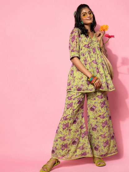 Green Printed Georgette Co-Ords