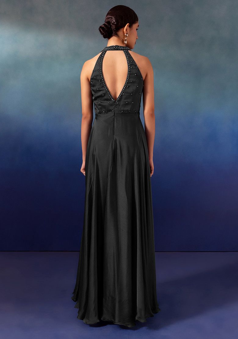 Black Sequin Hand Embroidered Satin Gown