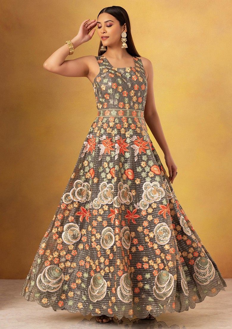 Grey Floral Thread Embroidered Organza Anarkali Gown With Dupatta