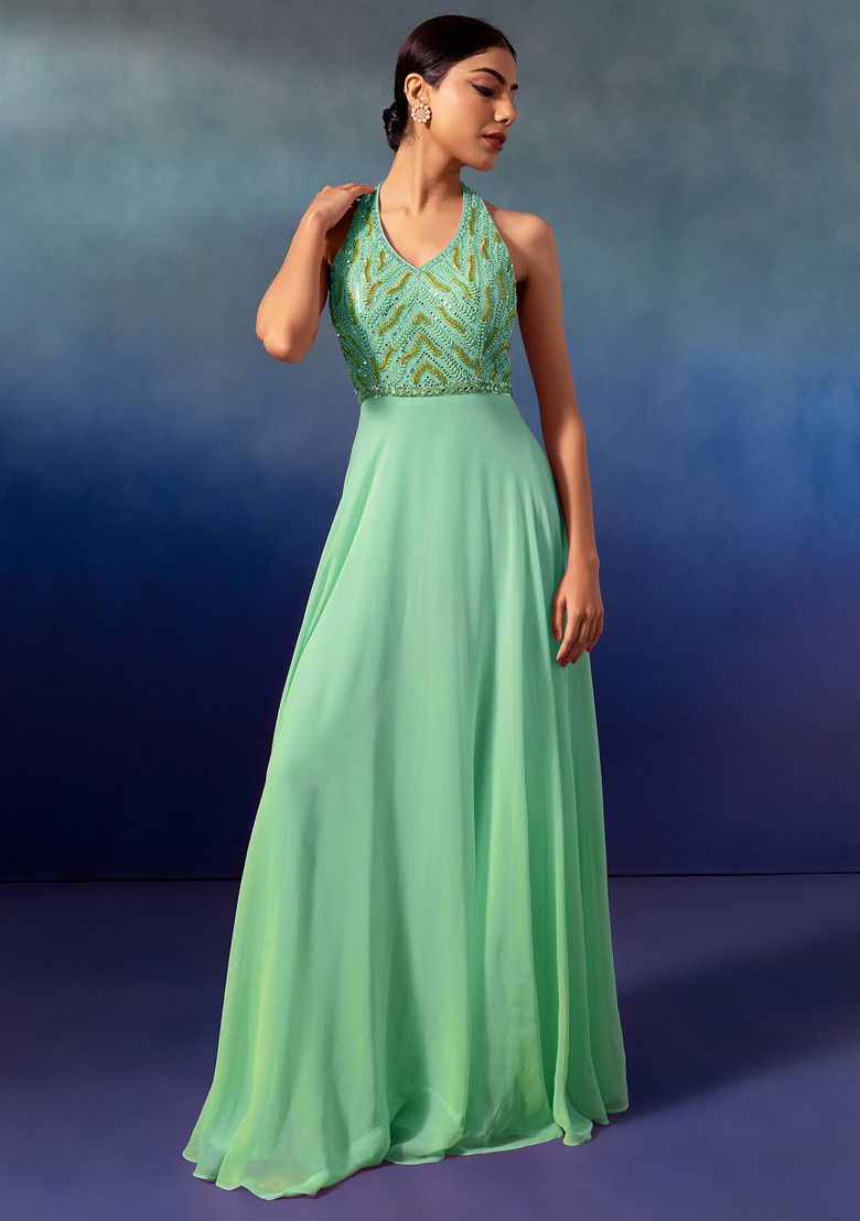 Seafoam Sequin And Bead Embellished Halter Anarkali Gown With Dupatta