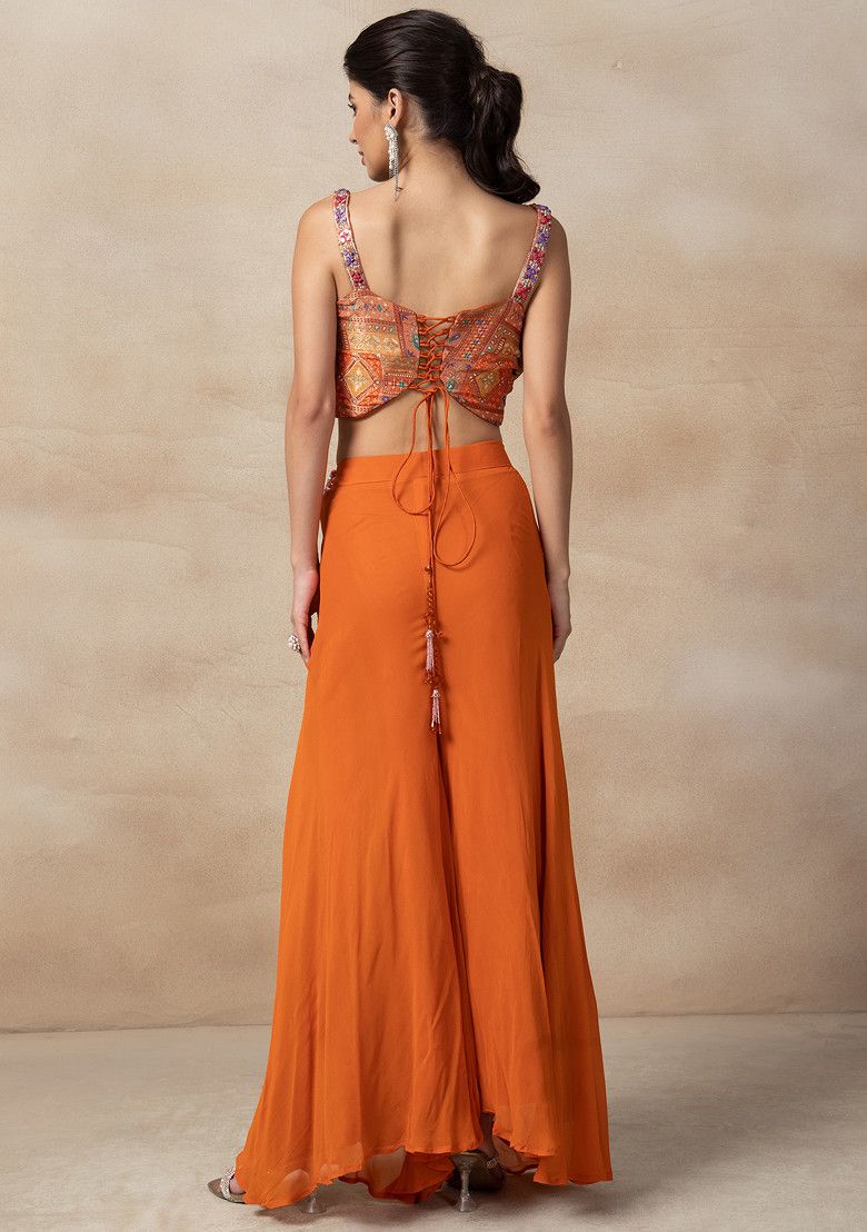 Orange Sharara Set With Mirror Embroidered Blouse And Dupatta