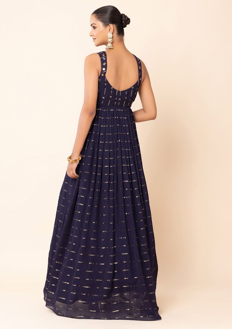 Navy Blue Mirror And Sequin Embellished Gown