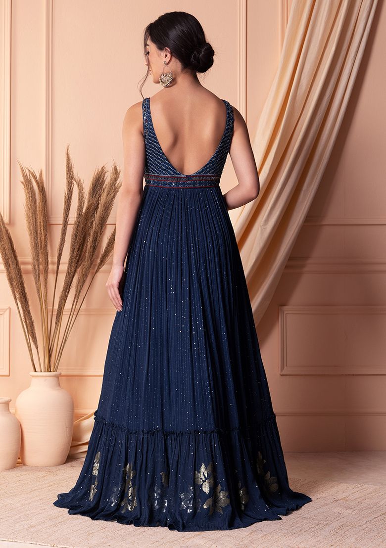 Navy Blue Thread Embroidered Tiered Anarkali Gown