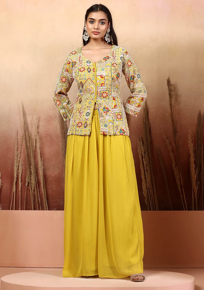 Yellow Floral Sequin Embellished Kurta Set With Palazzo And Dupatta