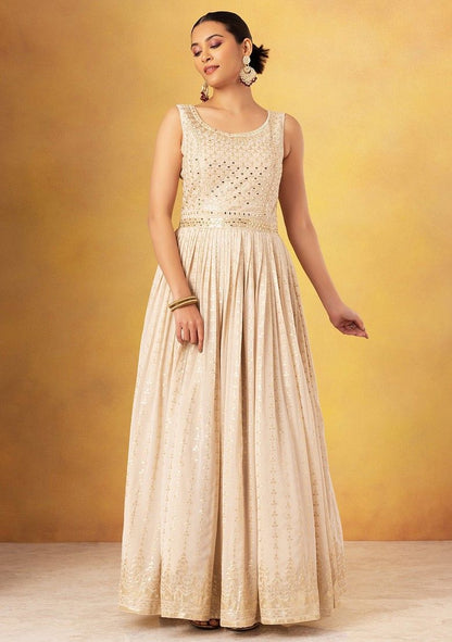 Ivory Mirror Embroidered Anarkali Gown With Embroidered Dupatta