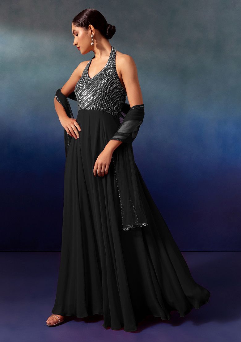 Black Sequin And Bead Embellished Halter Anarkali Gown With Dupatta