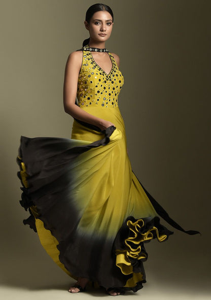 Yellow And Black Mirror Embroidered Crepe Anarkali Set