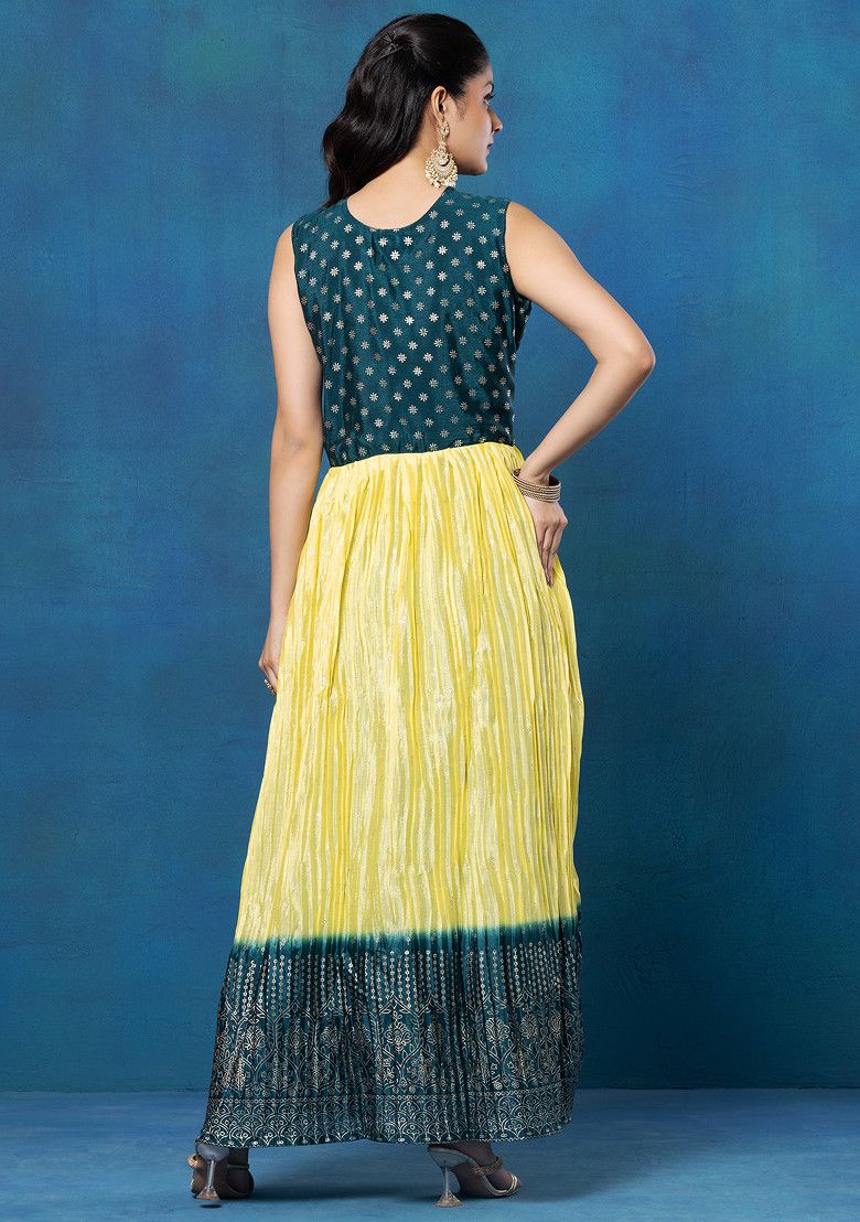 Green And Yellow Foil Print Anarkali Kurta Set With Pants And Dupatta