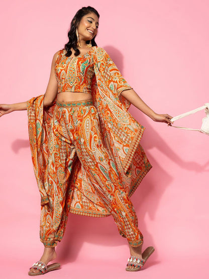 Orange Printed Silk Blend Co-Ords