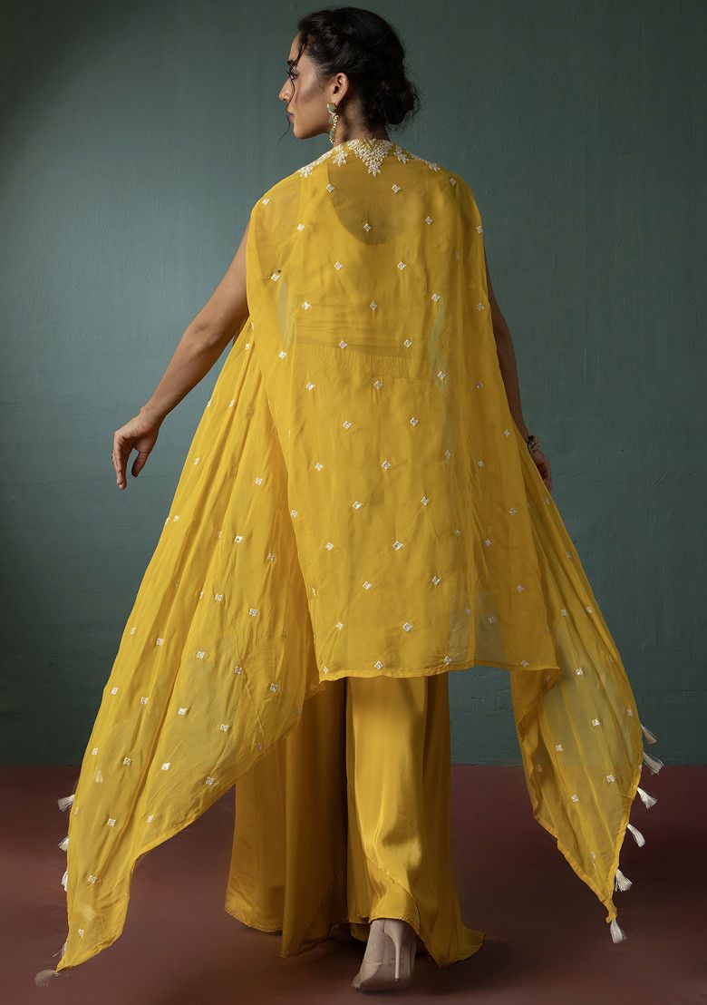 Yellow Sharara Set With Floral Thread Embroidered Blouse And Jacket