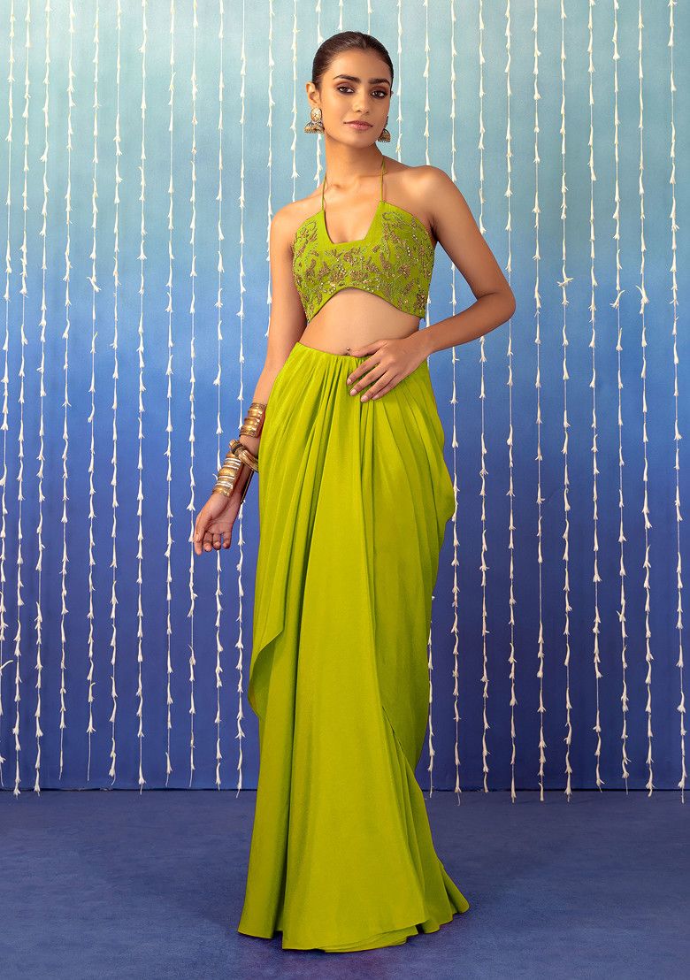 SAMANT X LUXE Lime Green Jacket Set With Floral Embroidered Strappy Blouse And Draped Skirt