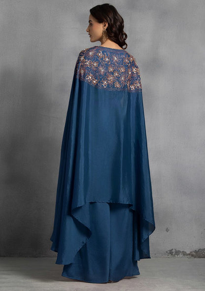 Teal Blue Sequin Embroidered Cape Set With Hand Embroidered Blouse And Pants