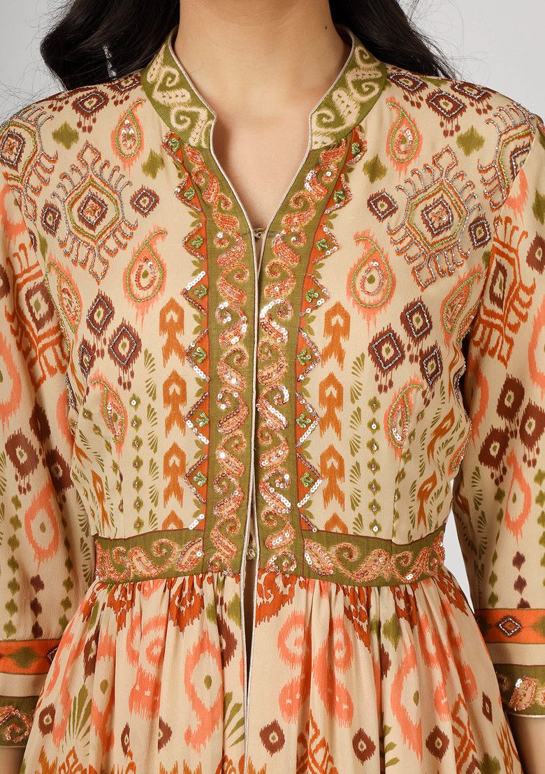 Beige Hand Embroidered Silk Georgette Co-Ord Set