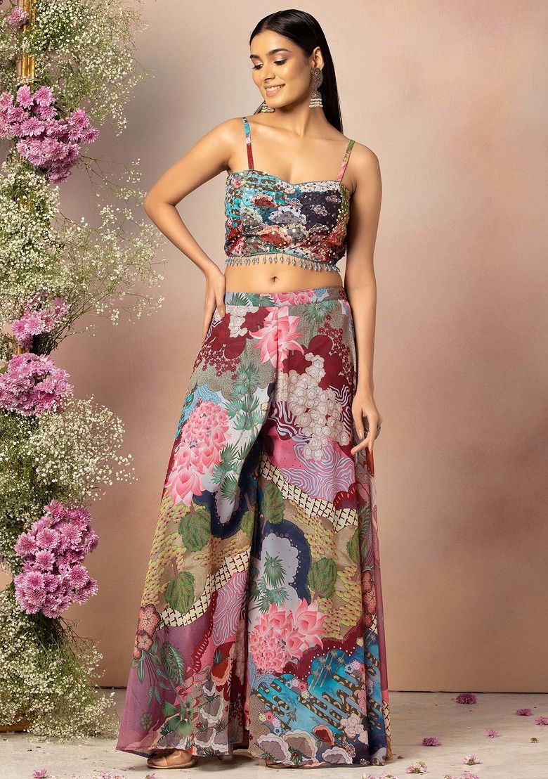 Multicolour Floral Print Sharara Set With Blouse And Jacket