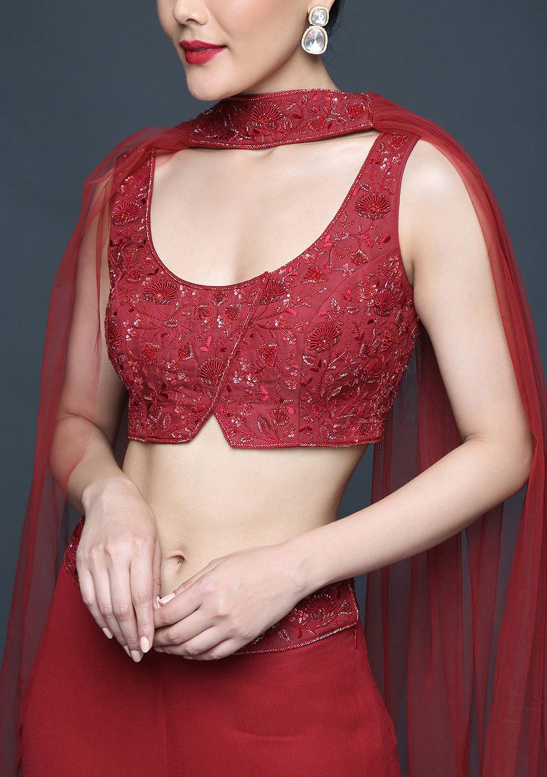 SANJEV MARWAAHA Mineral Red 3D Embroidered Fusion Set