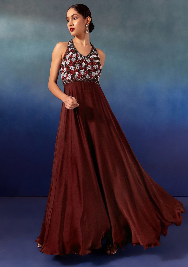 Deep Maroon Sequin Hand Embroidered Satin Gown