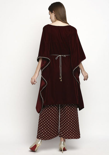 MONK AND MEI Maroon Embroidrered Velvet Kaftan Set