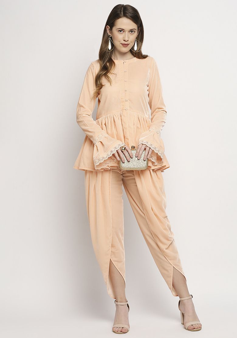 MONK AND MEI Peach Embroidered Jacket Set