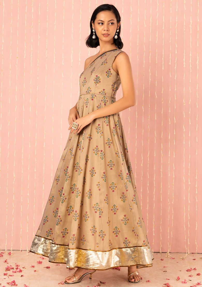 Gold Floral Print One Shoulder Anarkali Kurta