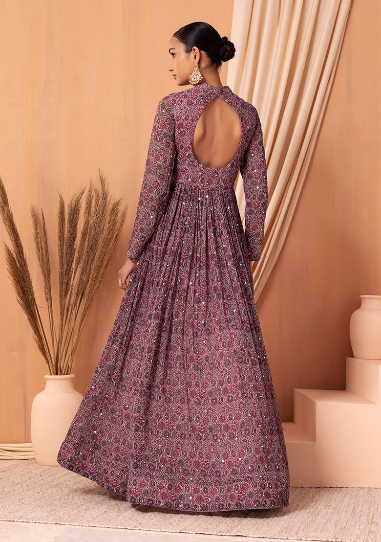 Dull Pink Abstract Print Mirror Embroidered Anarkali Gown With Belt