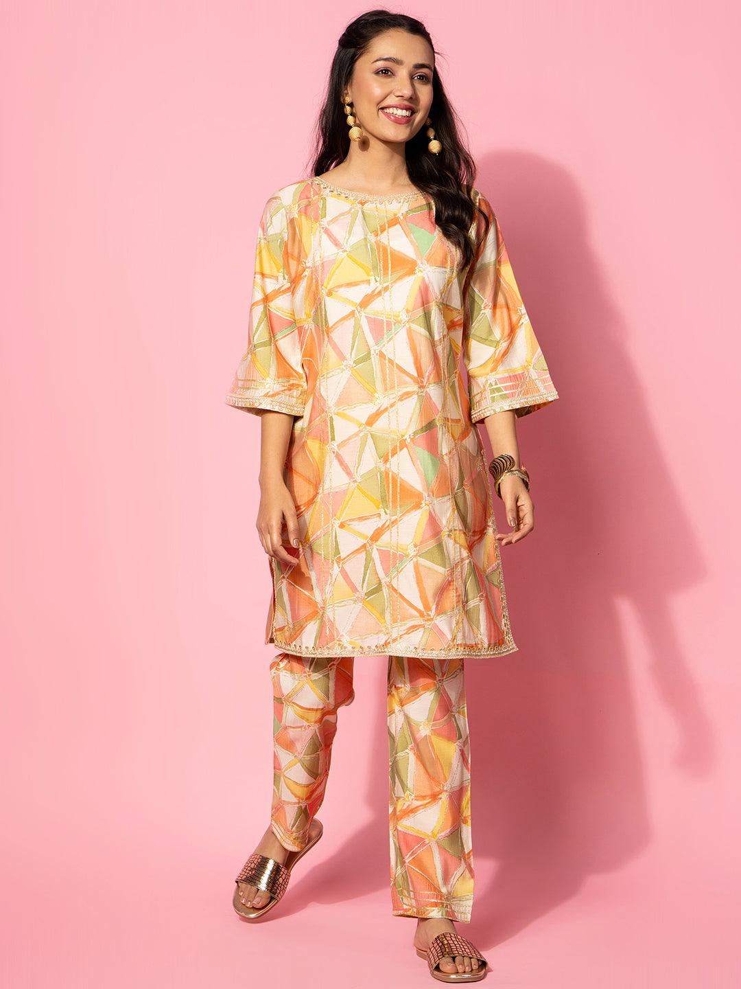 Peach Printed Silk Blend Co-Ords