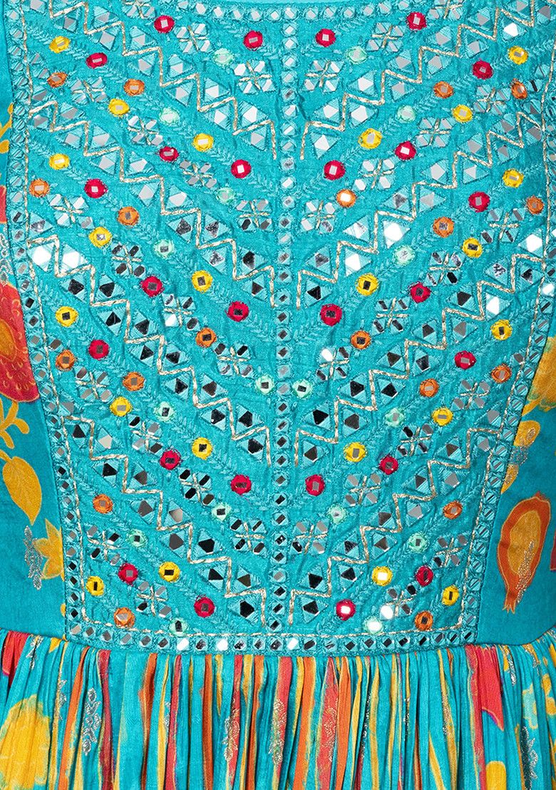 Turquoise Blue Embellished Anarkali Kurta With Chiffon Dupatta