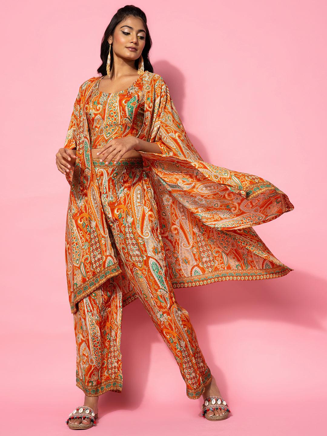 Orange Printed Silk Blend Co-Ords