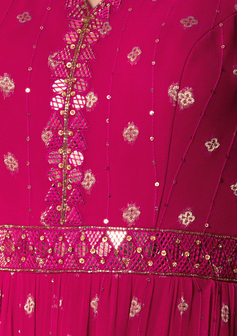 Hot Pink Sequin Embroidered Tiered Anarkali Gown